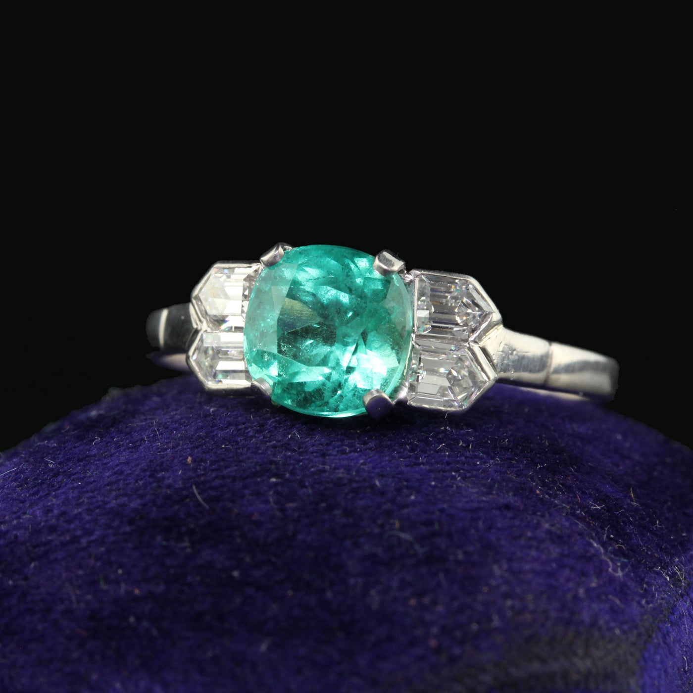 Antique Art Deco Platinum Colombian Emerald and Diamond Engagement Ring