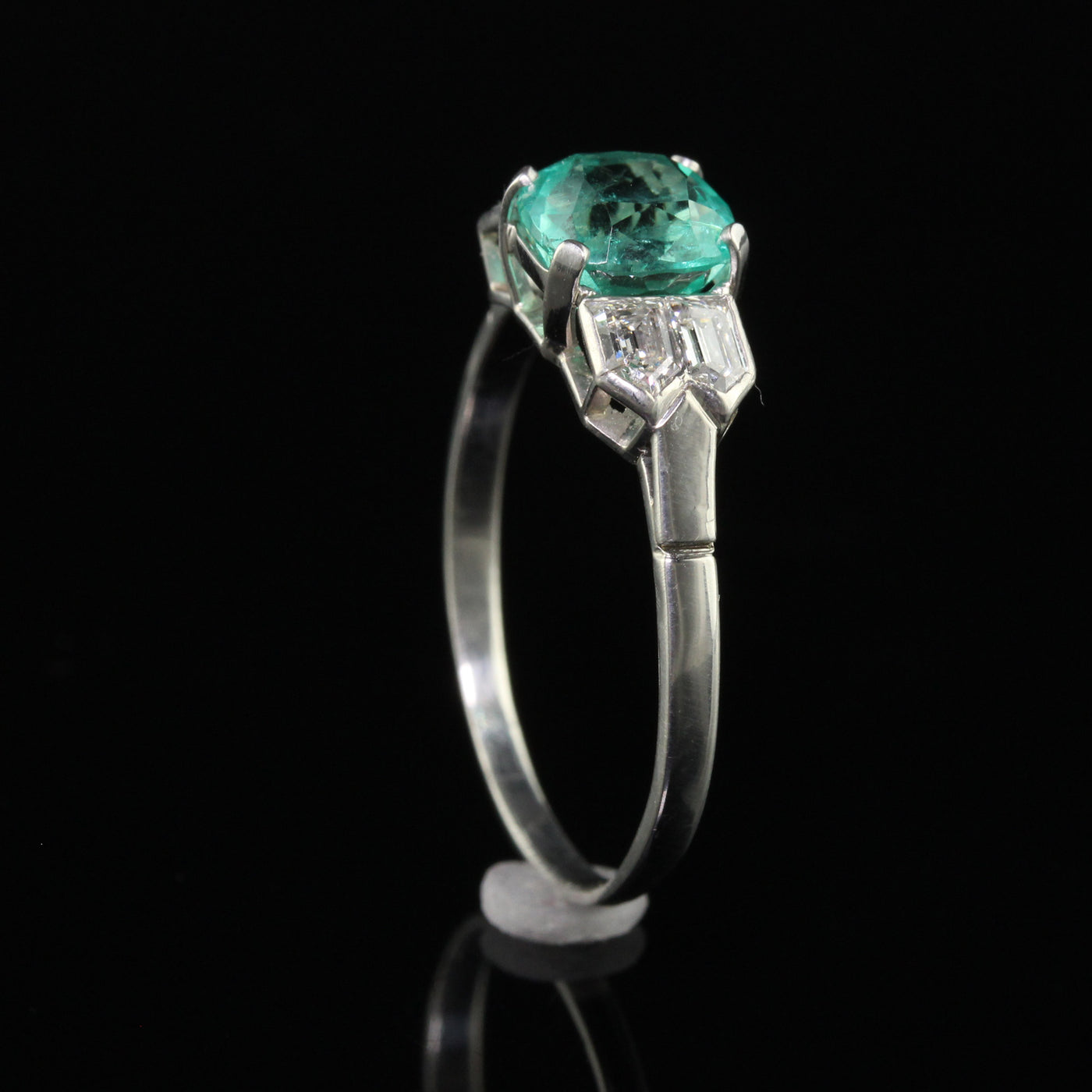 Antique Art Deco Platinum Colombian Emerald and Diamond Engagement Ring