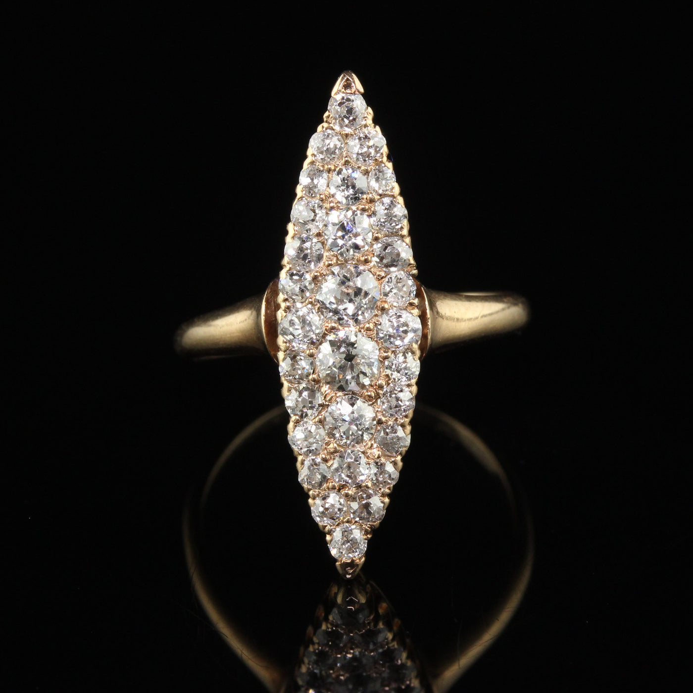 Antique Victorian 14K Yellow Gold Old Cut Diamond Navette Cocktail Ring