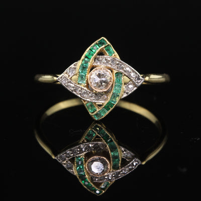 Antique Art Deco 18K Yellow Gold Old Cut Diamond and Emerald Pattern Ring