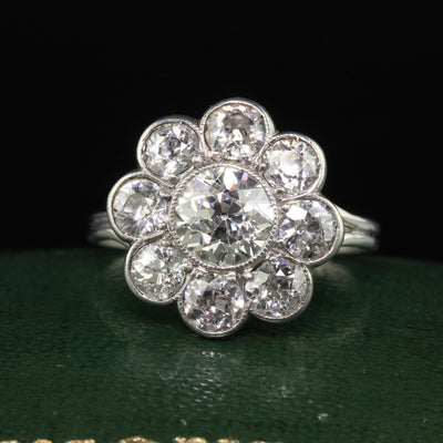 Antique Art Deco Platinum Old European Cut Diamond Cluster Engagement Ring