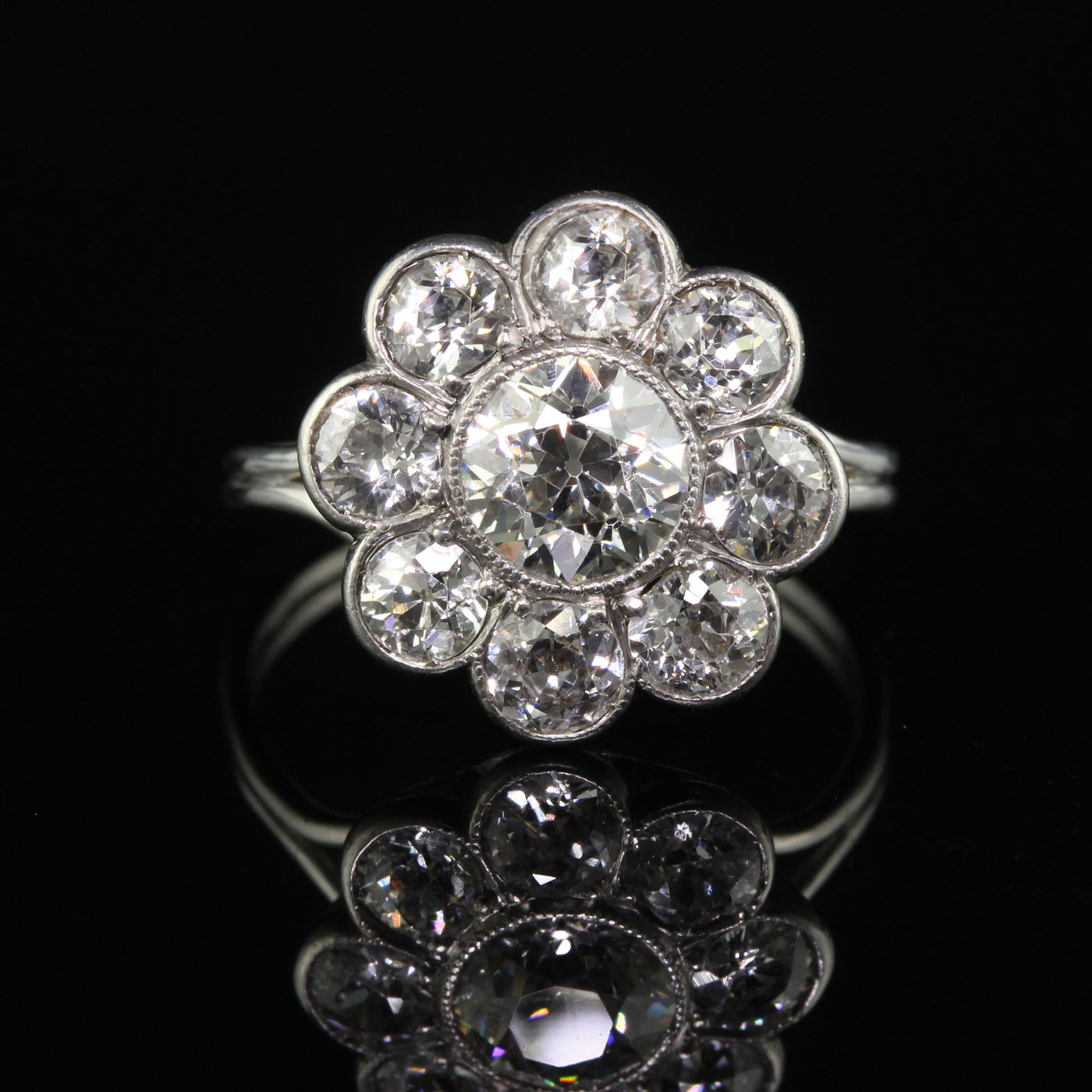Antique Art Deco Platinum Old European Cut Diamond Cluster Engagement Ring