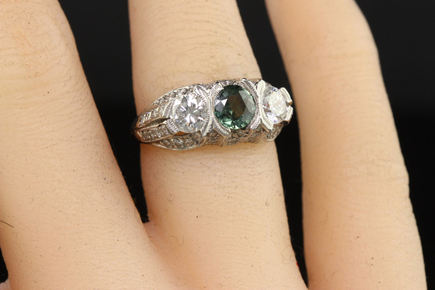 Vintage Estate Retro Platinum Diamond and Green Sapphire Three Stone Ring