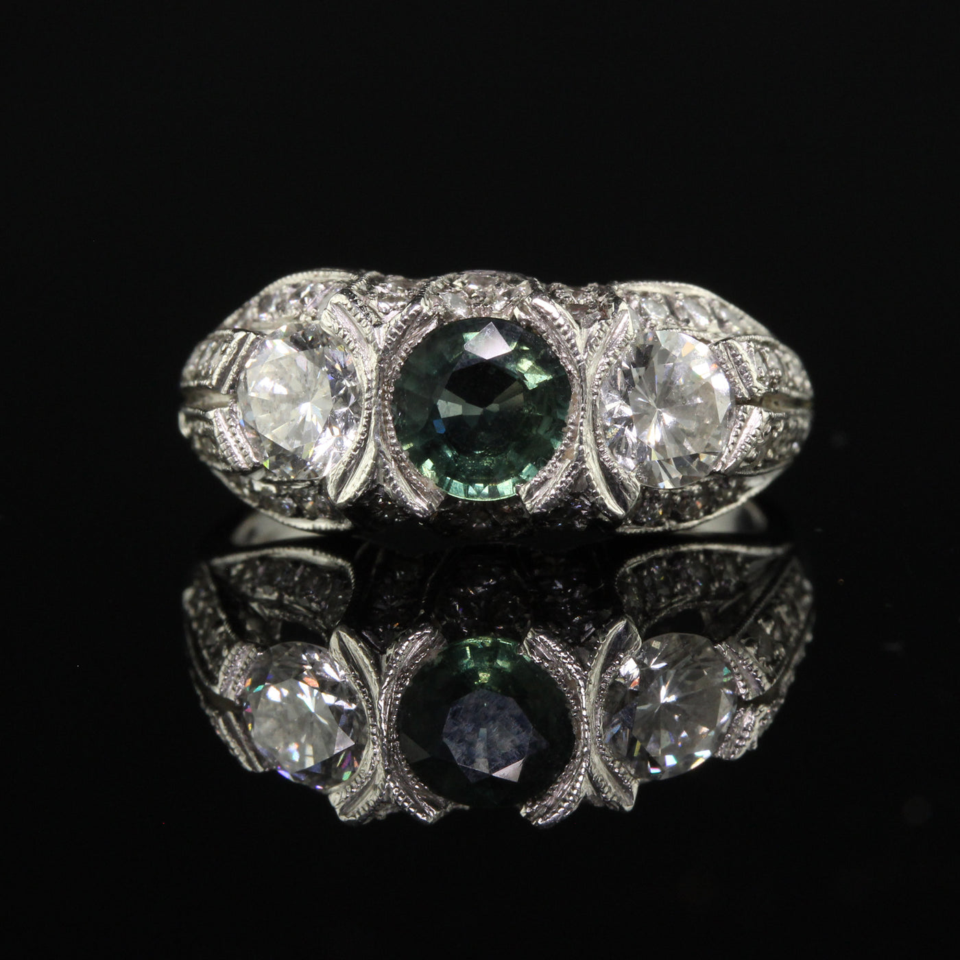 Vintage Estate Retro Platinum Diamond and Green Sapphire Three Stone Ring