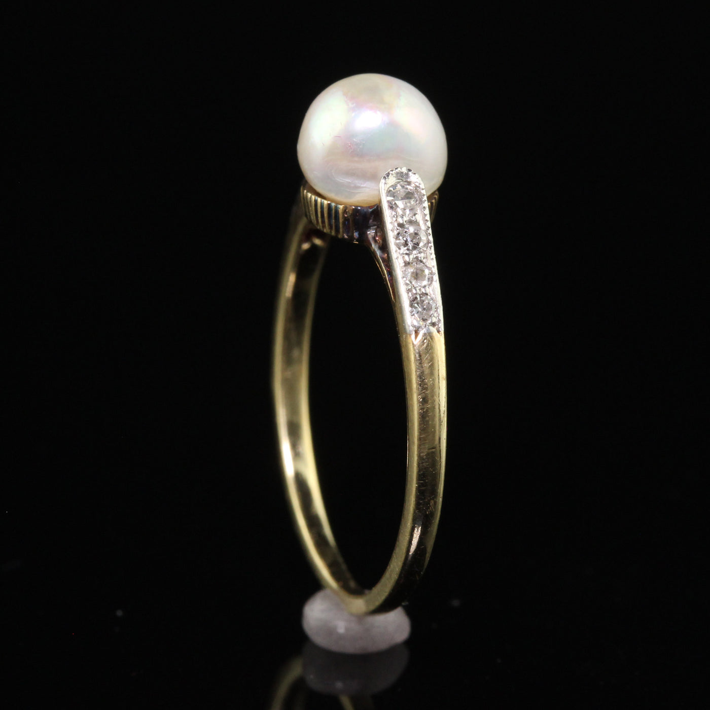 Antique Edwardian 14K Yellow Gold Diamond and Natural Pearl Engagement Ring