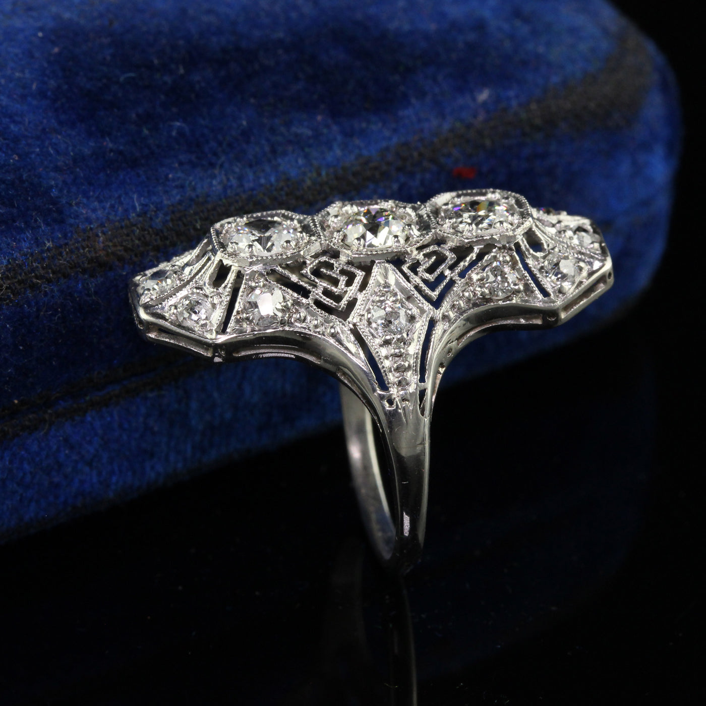 Antique Art Deco Platinum Old Euro Diamond and Filigree Shield Ring