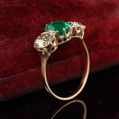 Antique Art Deco 18K Rose Gold Old Euro Diamond Emerald Three Stone Ring - GIA