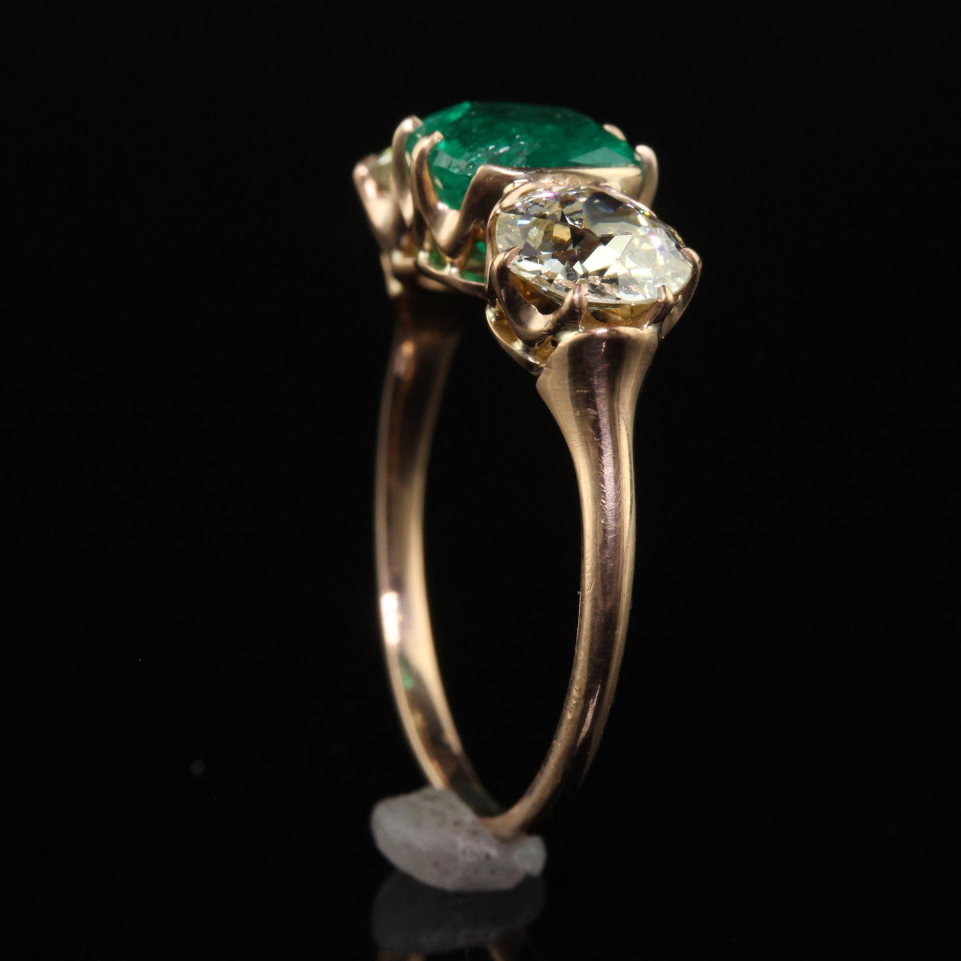 Antique Art Deco 18K Rose Gold Old Euro Diamond Emerald Three Stone Ring - GIA