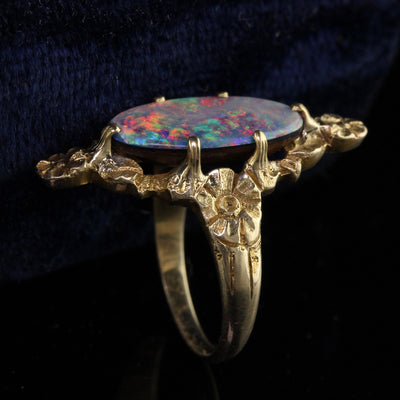 Antique Victorian Peacock 10K Yellow Gold Boulder Opal Floral Ring