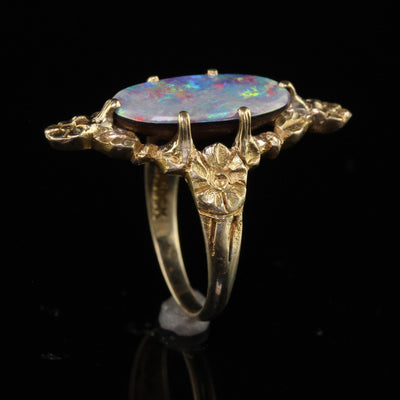Antique Victorian Peacock 10K Yellow Gold Boulder Opal Floral Ring