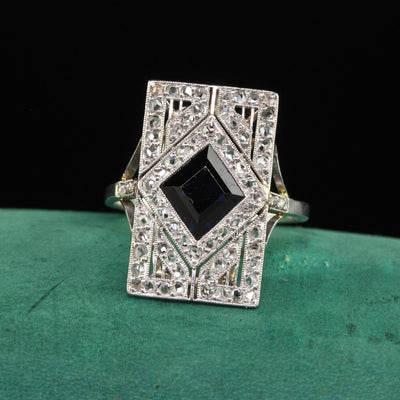 Antique Art Deco French Platinum Natural Sapphire and Diamond Shield Ring - GIA