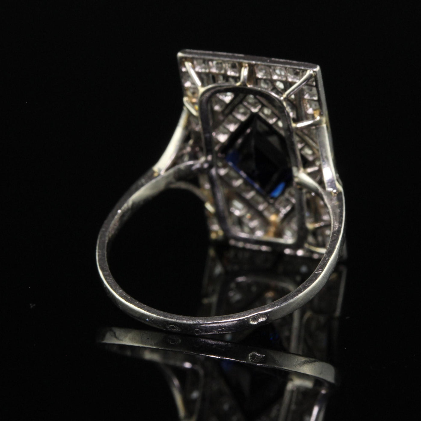 Antique Art Deco French Platinum Natural Sapphire and Diamond Shield Ring - GIA