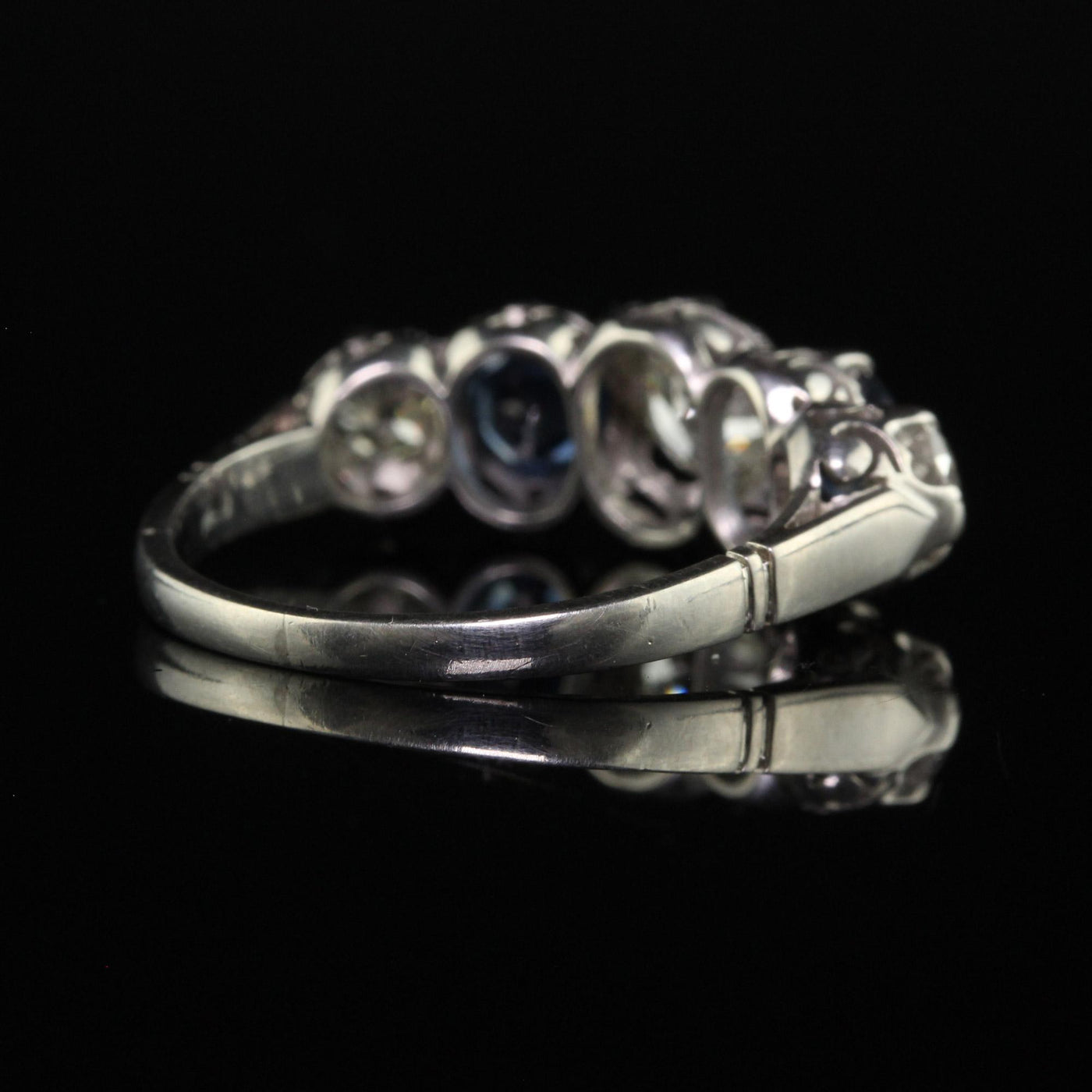 Vintage Retro Platinum Old Euro Diamond and Sapphire Five Stone Ring - GIA