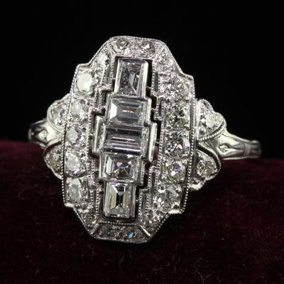 Antique Art Deco Platinum Old Cut Baguette Euro Diamond Shield Ring