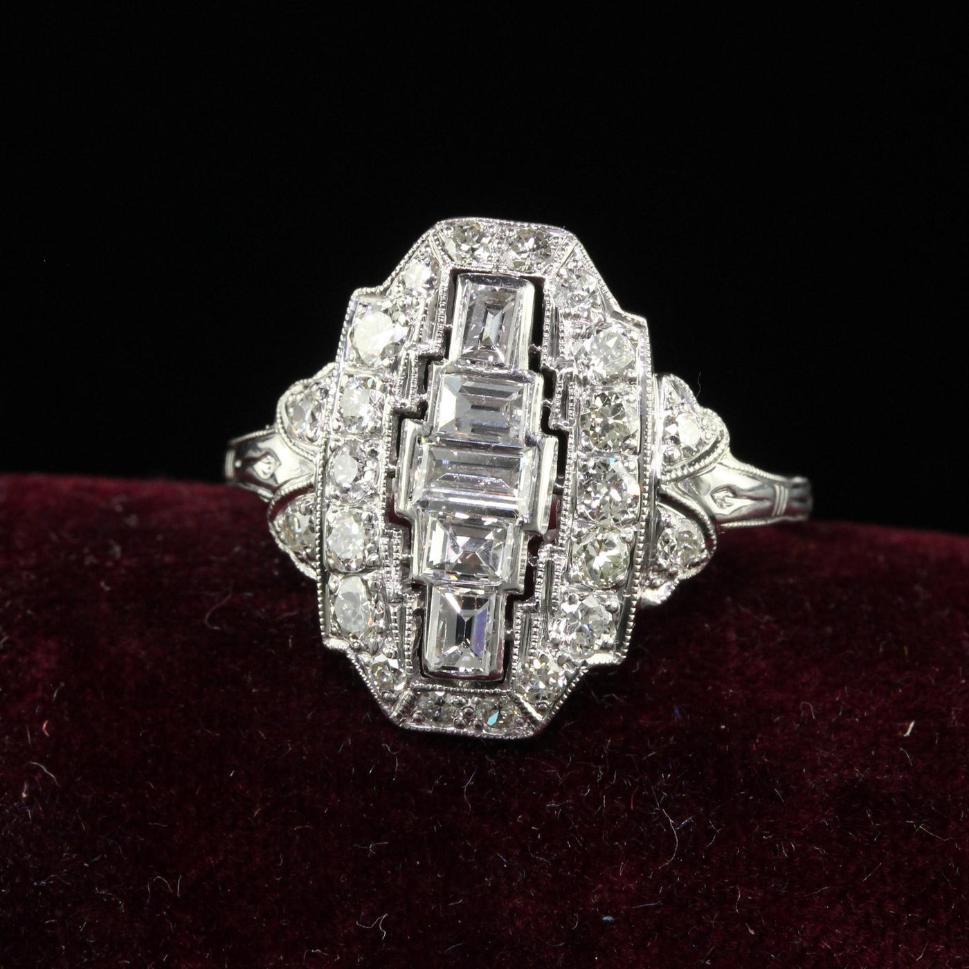 Antique Art Deco Platinum Old Cut Baguette Euro Diamond Shield Ring