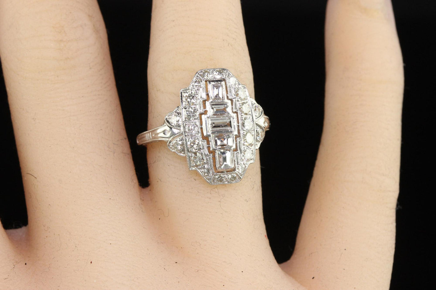 Antique Art Deco Platinum Old Cut Baguette Euro Diamond Shield Ring