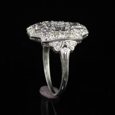 Antique Art Deco Platinum Old Cut Baguette Euro Diamond Shield Ring