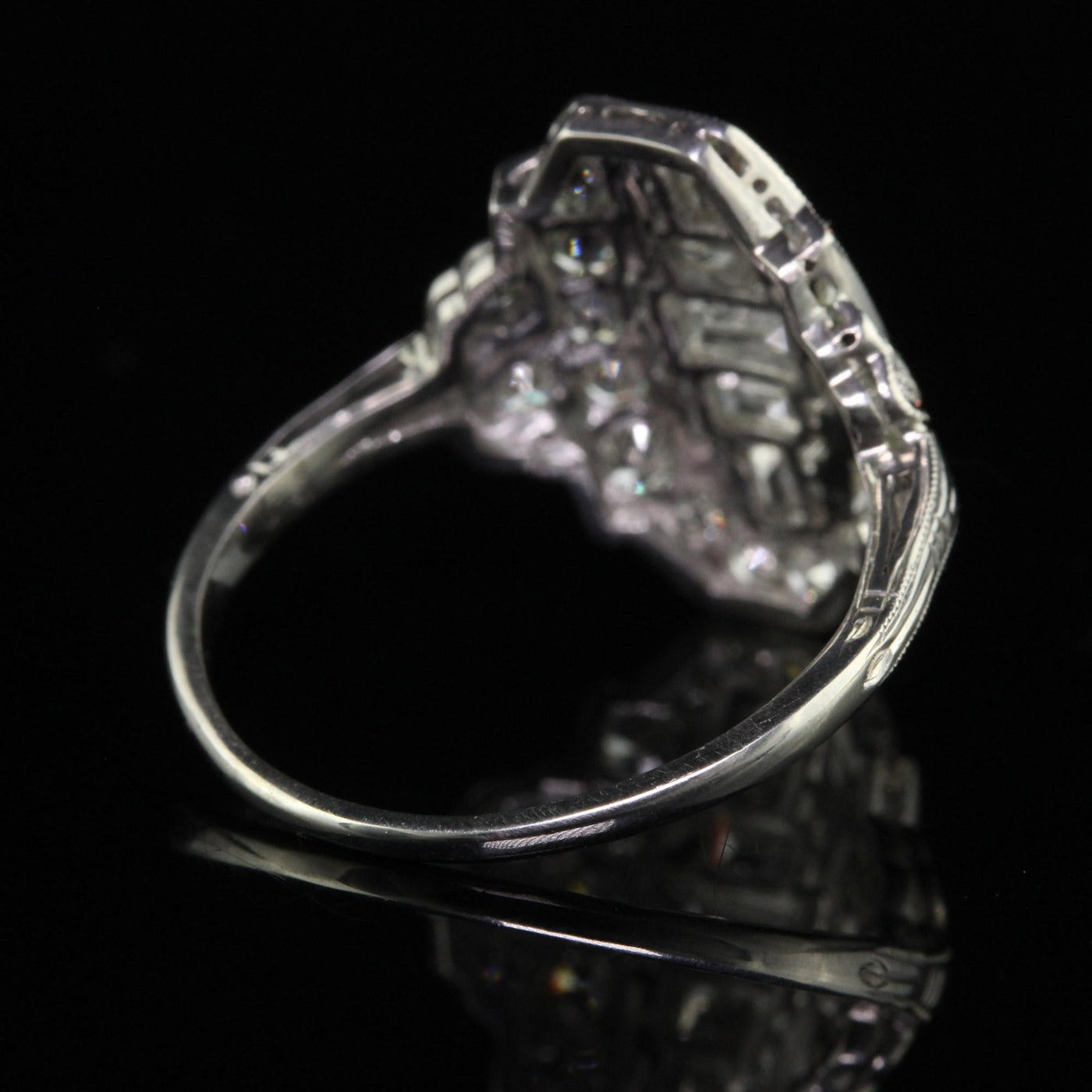 Antique Art Deco Platinum Old Cut Baguette Euro Diamond Shield Ring