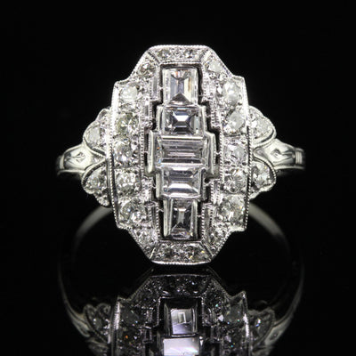 Antique Art Deco Platinum Old Cut Baguette Euro Diamond Shield Ring