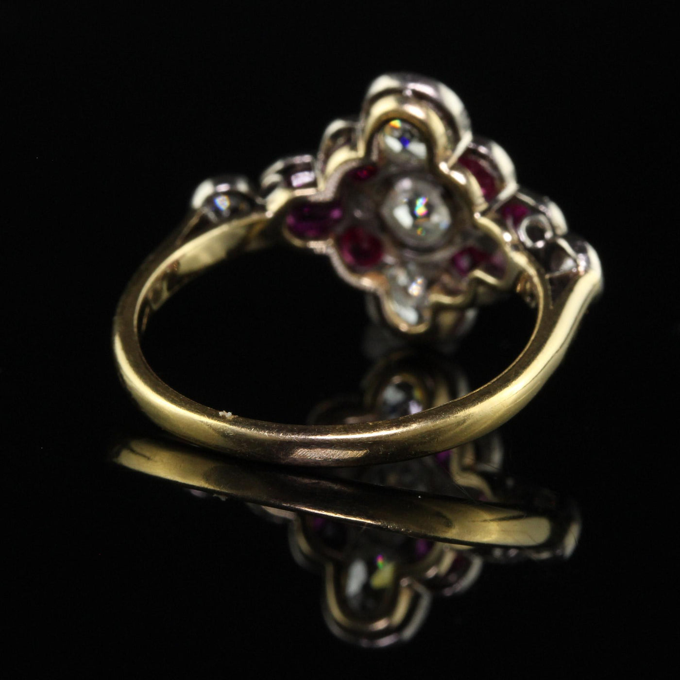 Antique Art Deco 18K Yellow Gold Old Mine Diamond and Ruby Floral Ring