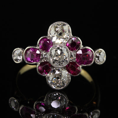 Antique Art Deco 18K Yellow Gold Old Mine Diamond and Ruby Floral Ring