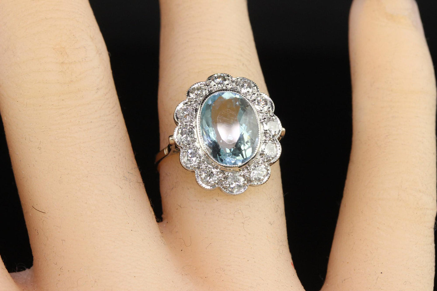 Antique Art Deco Platinum Old Euro Diamond and Aquamarine Engagement Ring