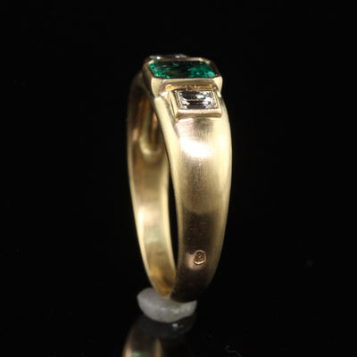 Vintage Retro French 18K Yellow Gold Colombian Emerald Diamond Three Stone Ring