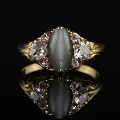 Antique Victorian 18K Yellow Gold Old Mine Diamond and Cats Eye Chrysoberyl Ring
