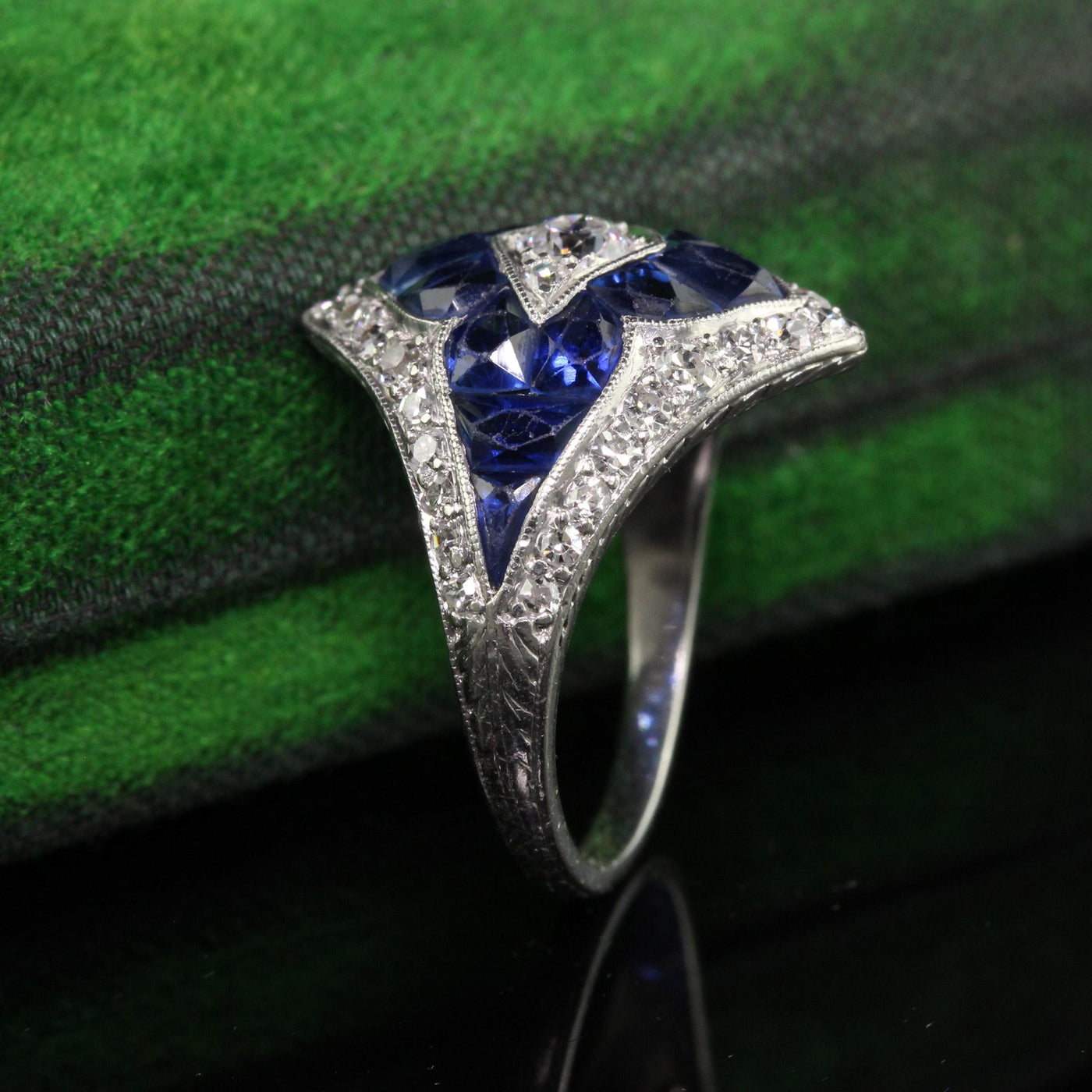 Antique Art Deco Platinum French Cut Sapphire Old Euro Diamond Ring