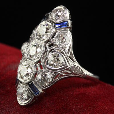 Antique Art Deco Platinum Old Mine Diamond and Sapphire Filigree Shield Ring