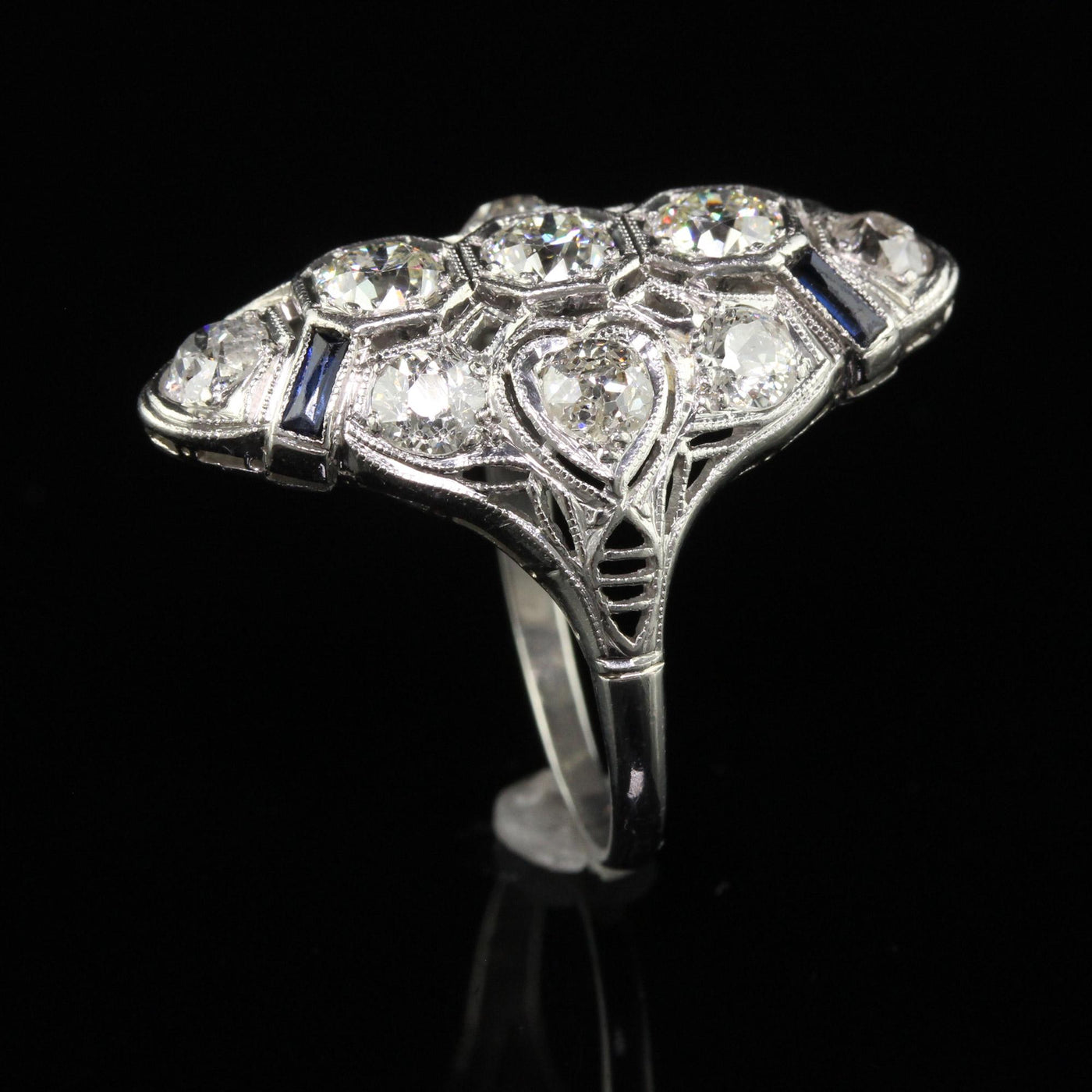 Antique Art Deco Platinum Old Mine Diamond and Sapphire Filigree Shield Ring