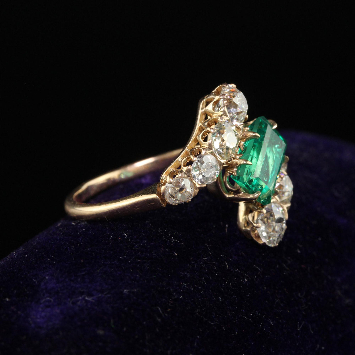 Antique Victorian 18K Rose Gold Old Mine Diamond Emerald Engagement Ring - GIA