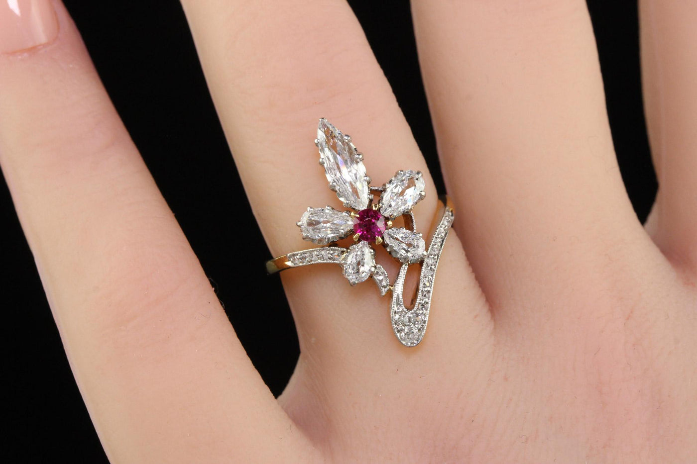 Antique Edwardian 18K Gold and Platinum Old Marquise Diamond Ruby Cocktail Ring