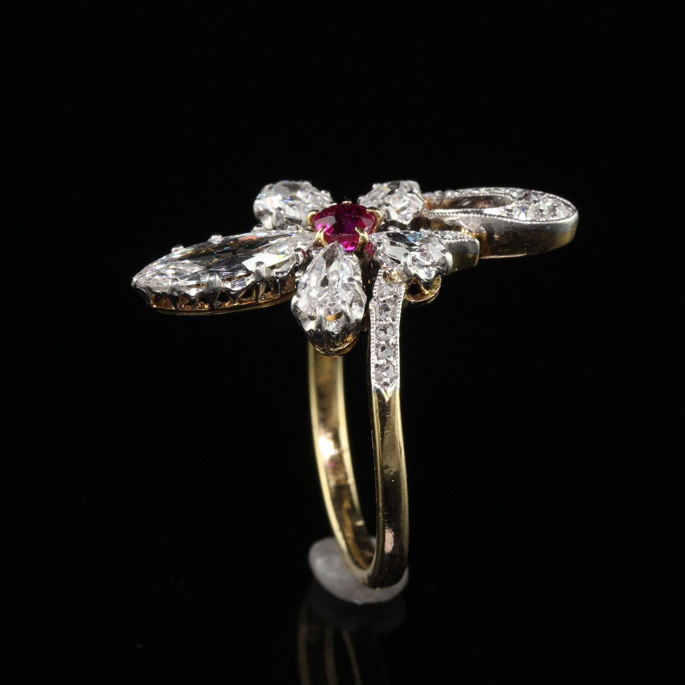 Antique Edwardian 18K Gold and Platinum Old Marquise Diamond Ruby Cocktail Ring