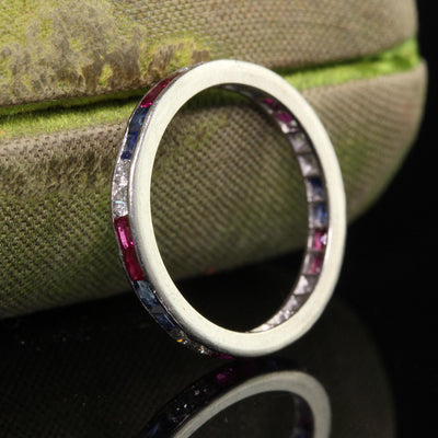 Antique Art Deco Platinum Old Cut Diamond Ruby and Sapphire Eternity Band