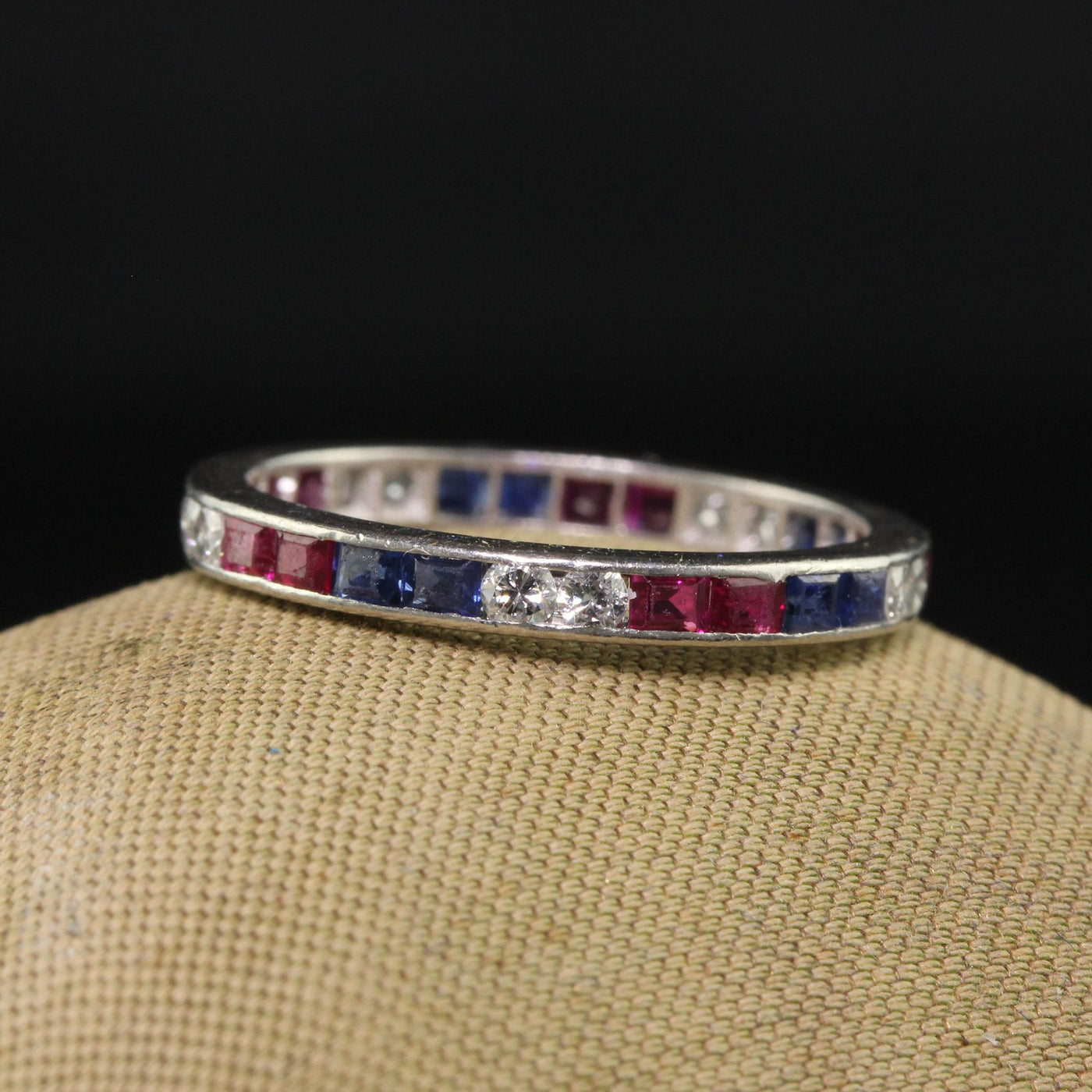 Antique Art Deco Platinum Old Cut Diamond Ruby and Sapphire Eternity Band