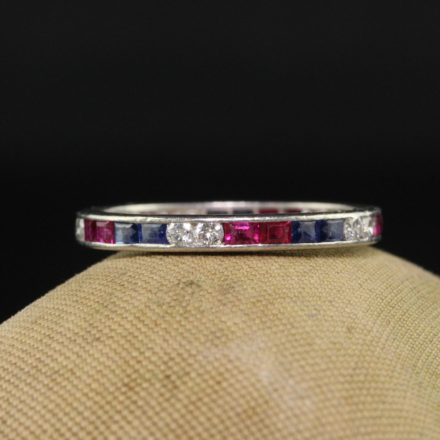 Antique Art Deco Platinum Old Cut Diamond Ruby and Sapphire Eternity Band