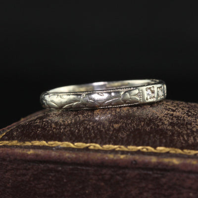 Antique Art Deco 18K White Gold Engraved Diamond Wedding Band - Size 5 3/4