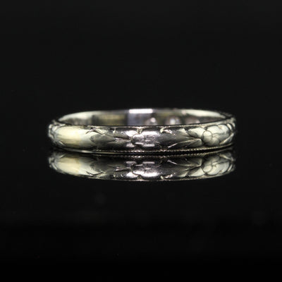 Antique Art Deco 18K White Gold Engraved Diamond Wedding Band - Size 5 3/4