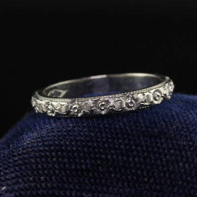 Antique Art Deco 18K White Gold Blossom Engraved Wedding Band - Size 5 1/4