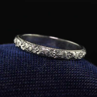 Antique Art Deco 18K White Gold Blossom Engraved Wedding Band - Size 5 1/4