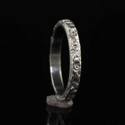 Antique Art Deco 18K White Gold Blossom Engraved Wedding Band - Size 5 1/4