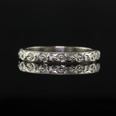 Antique Art Deco 18K White Gold Blossom Engraved Wedding Band - Size 5 1/4