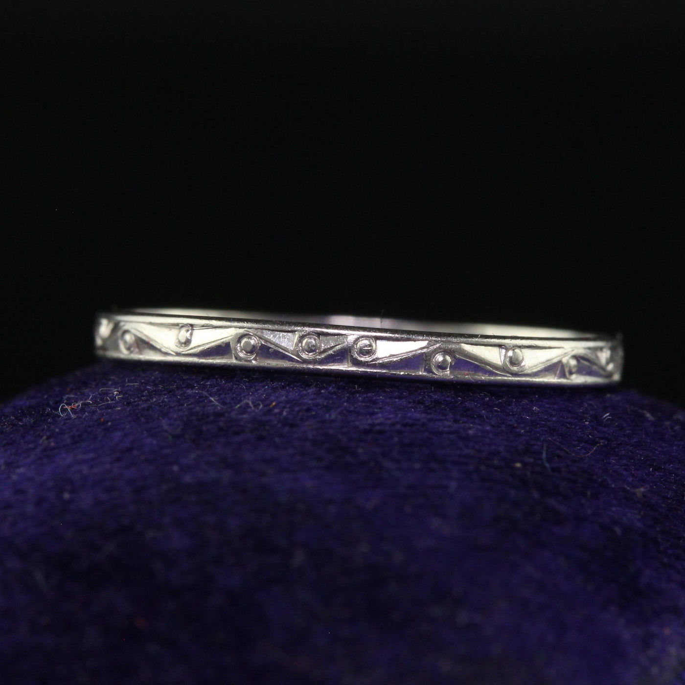 Antique Art Deco Platinum Thin Engraved Wedding Band - Size 6 3/4