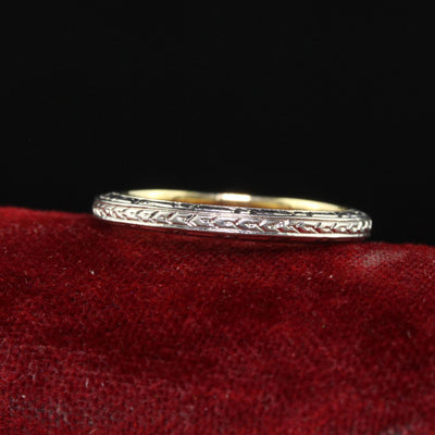 Antique Art Deco 14K Two Tone Engraved Wedding Band - Size 5 1/4