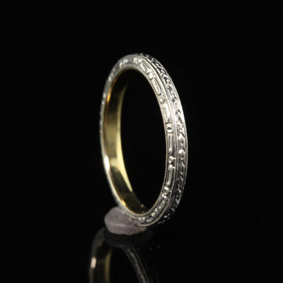 Antique Art Deco 14K Two Tone Engraved Wedding Band - Size 5 1/4