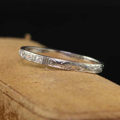 Antique Art Deco 18K White Gold Single Cut Diamond Engraved Band - Size 5 1/2