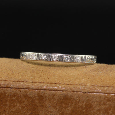 Antique Art Deco 18K White Gold Single Cut Diamond Engraved Band - Size 5 1/2