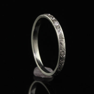 Antique Art Deco 18K White Gold Single Cut Diamond Engraved Band - Size 5 1/2