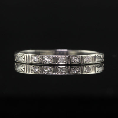 Antique Art Deco 18K White Gold Single Cut Diamond Engraved Band - Size 5 1/2